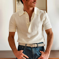 Men's Knit Hollow Lapel Lapel Short Sleeve Polo Shirt MTA0113D5Z