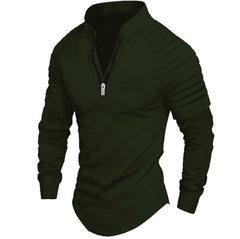 Stylish Men's Black Half-Zip Pullover With Pleated Shoulder Design