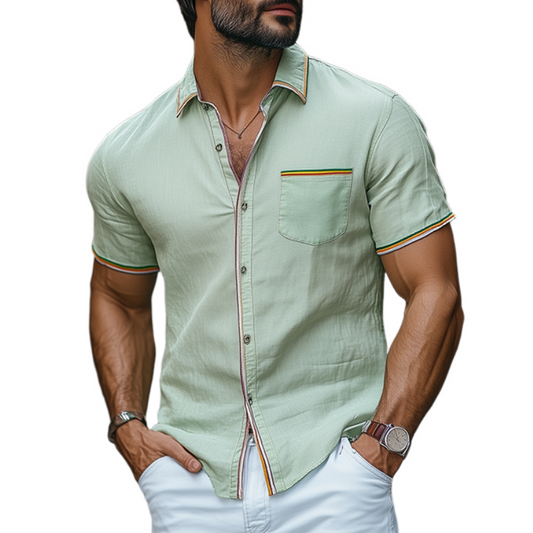 Men's Summer Fashion Casual Colorful Ribbon Stitching Cotton And Linen Short-sleeved Shirt MTA0998D6K