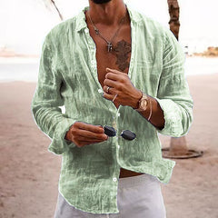 Solid Color Lapel Shirt for Men - Casual Style, Long-Sleeve Cotton-Linen Blend