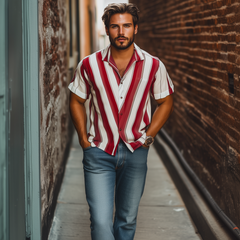 Men's Fashion Casual Striped Contrast Chiffon Short Sleeve Shirt MTA2009C1K