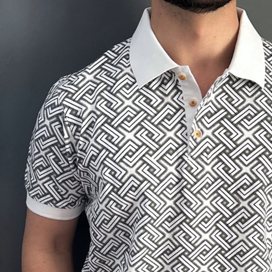 Men's Retro Casual Geometric Print Lapel Short Sleeve Polo Shirt MTA1954C7TO