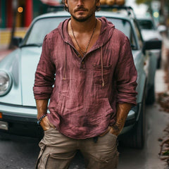 Men's Vintage Cotton And Linen Chest Pocket Hooded Sweatshirt 57684417Y