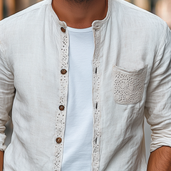 Men's Spring Fashion Lace Pocket Stitching Cotton And Linen Long Sleeve Shirt MTA2633C4K