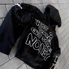 Stylish "Who Cares Get Some Money" Graphic Hoodie with Starry Night Design