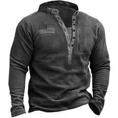Stylish Henley Sweatshirt with Flag Patch - Perfect for Casual and Outdoor Wear