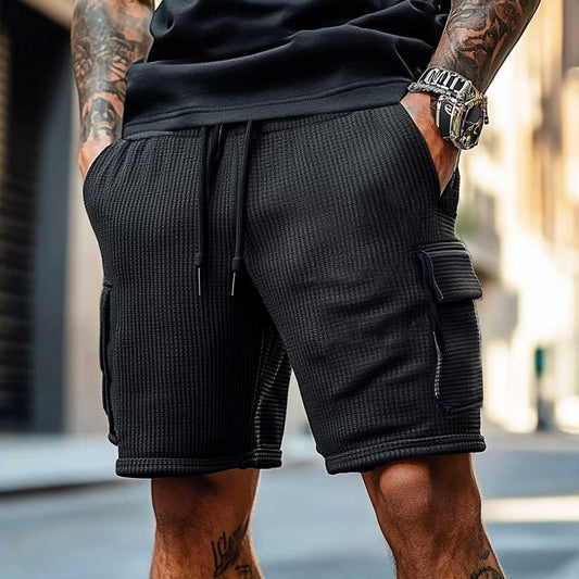 Men's Vintage Waffle Knit Surf Multi-Pocket Casual Walkshort Workwear Elastic Cargo Shorts