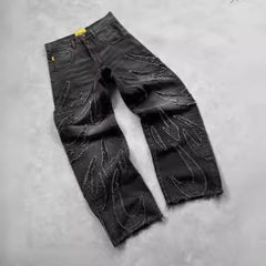 Unique Embroidered Denim Trousers with Artistic Design for Fashion Lovers