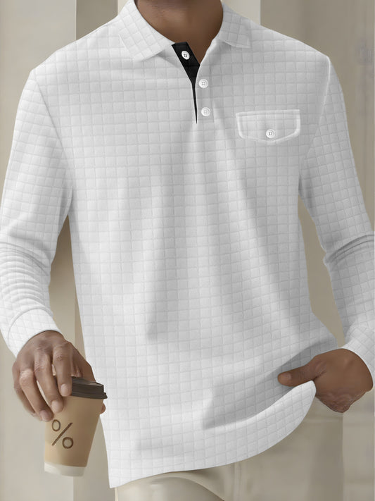 Quilted Black Henley Shirt With Orange Collar Detail For Men