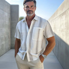 Men's Casual Vertical Striped Cotton And Linen Short-sleeved Shirt 79130598U