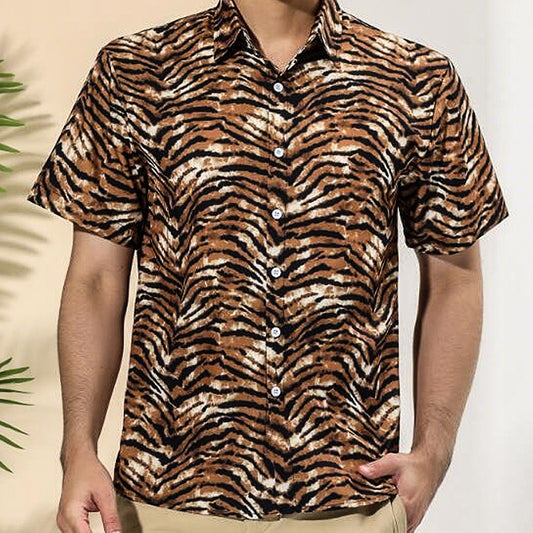 Men's Summer Retro Tiger Print Casual Short Sleeve Shirt MTA0128D7U