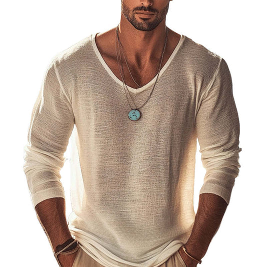 Men's Casual Solid Color Textured Round Neck Long Sleeve T-Shirt MTA0735D7X