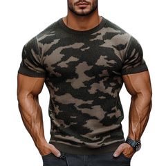 Men's Outdoor Camouflage Jacquard Round Neck Slim Fit Knitted Short Sleeve Sweater T-Shirt MTA2483C5M