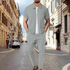 Men's Waffle Solid Color Short Sleeve Shirt And Pants Set 59383797X