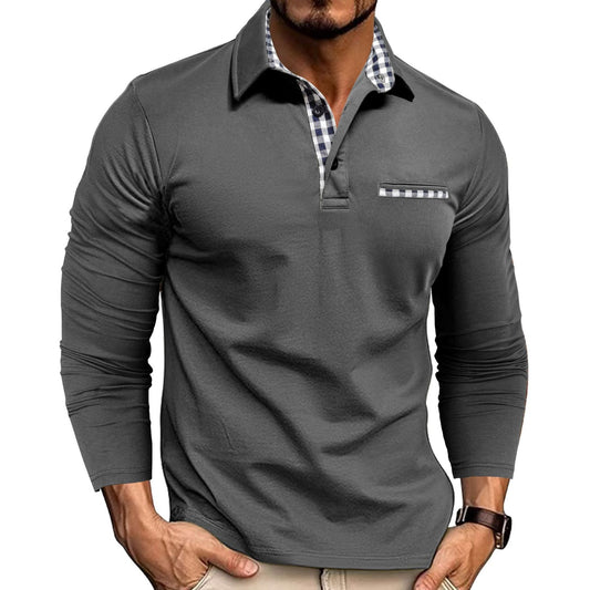 Men's Stylish Long Sleeve Polo Shirt with Plaid Collar Detail