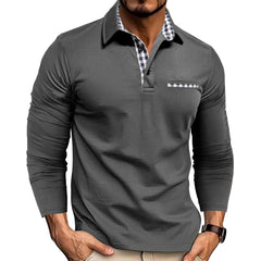Men's Stylish Long Sleeve Polo Shirt with Plaid Collar Detail