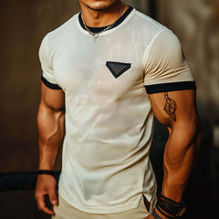 Men's Retro Casual Mesh Fabric Color Block Round Neck Short Sleeve T-Shirt MTA2561C9TO