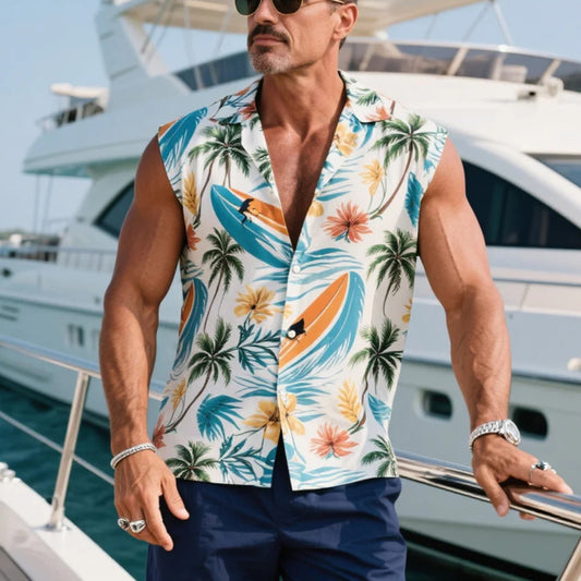Tropical Surf Print Sleeveless Shirt for Men - Perfect for Summer Vacations