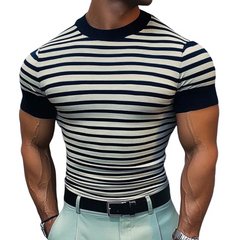 Men's Casual Round Neck Striped Knitted Loose Short Sleeve Sweater T-Shirt MTA2517C0M