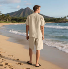 Men's Casual Linen Lapel Short Sleeve Shirt Elastic Waist Shorts Set 27144649M