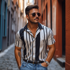 Men's Retro Casual Vertical Stripe Printed Chiffon Short Sleeve Shirt MTA2024C4K