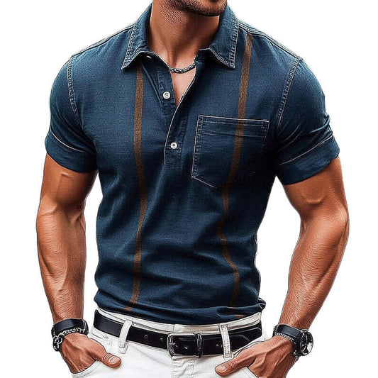 Men's Summer Retro Dark Blue Polo Collar Denim T-Shirt MTA0152D6U