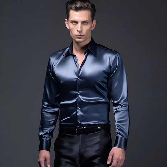 Men's Loose Shiny Stand Collar Long Sleeve Shirt 65077097X