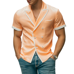 Men's Spring And Summer Fashion Slim Lapel Double-Breasted Tencel Cotton Short-Sleeved Shirt MTA0788D8K