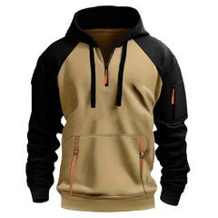 Stylish Contrast Color Hoodie with Functional Pockets and Half-Zip Design for Outdoor Adventures