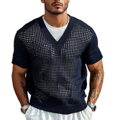 Men's Solid Color Knitted V-Neck Short Sleeve Sweater T-Shirt MTA1899C8X