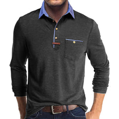 Men's Stylish Long Sleeve Polo Shirt with Contrast Collar and Chest Pocket