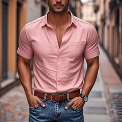 Men's Casual Cotton Lapel Patch Pocket Single Breasted Slim Fit Short Sleeve Shirt MTA3112C1M