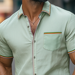 Men's Summer Fashion Casual Colorful Ribbon Stitching Cotton And Linen Short-sleeved Shirt MTA0998D6K