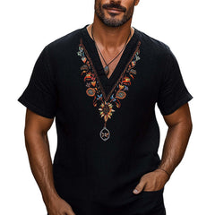 Men's Casual V-neck Cotton And Linen Embroidered T-shirt MTA2002C8U