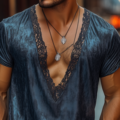 Men's Fashion Retro Sexy Lace Stitching Satin Printed Deep V Neck T-Shirt MTA2451C8K