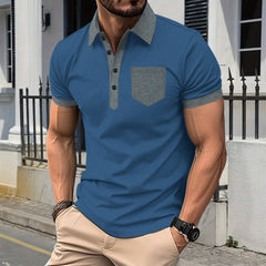 Men's Casual Polo Shirt: Chest Pocket, Collared With Buttons, Color-Block T-Shirt Top