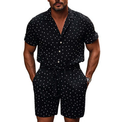 Men's Diamond Dot Lapel Knitted Casual Short Sleeve Shorts Set MTA2651C2U