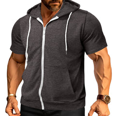 Men's Stylish Short Sleeve Hoodie with Zip-Up Design for Active Wear