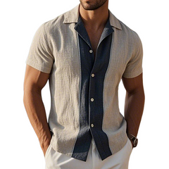 Men's Retro Casual Linen Striped Colorblock Printed Lapel Short Sleeve Shirt MTA2748C6TO
