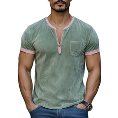 Men's Spring And Summer Fashion Casual V-neck Zipper Contrast Color Splicing Suede Short Sleeve T-shirt MTA0839D2K