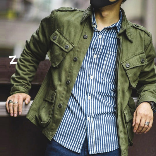 Military-Style Jacket with Striped Shirt Combo for Men - Perfect for Casual and Outdoor Adventures