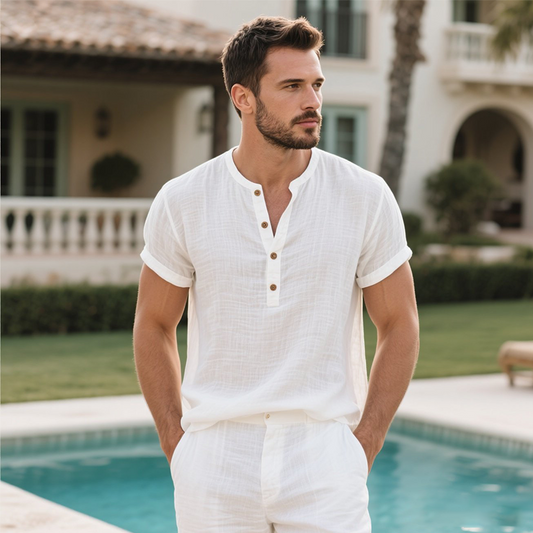 Men's Short-Sleeve Linen Henley Shirt - Casual Style, Perfect for Beach & Surfing