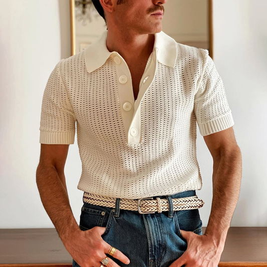 Men's Knit Hollow Lapel Lapel Short Sleeve Polo Shirt MTA0113D5Z