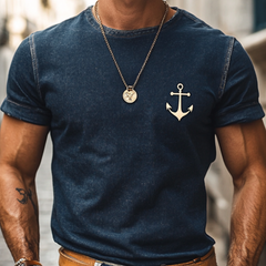 Men's Retro Denim Washed Anchor Print Round Neck Slim Fit Short Sleeve T-Shirt 64614766M