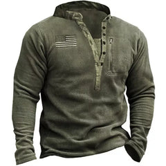 Stylish Henley Sweatshirt with Flag Patch - Perfect for Casual and Outdoor Wear