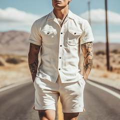 Men's Spring Fashion Casual Suede Short Sleeve Shirt Length To Knee Shorts Set MTA0322D2K