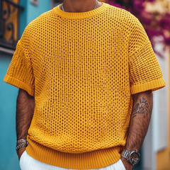 Men's Casual Round Neck Soft Loose Knitted Short Sleeve Sweater T-Shirt MTA0762D4M