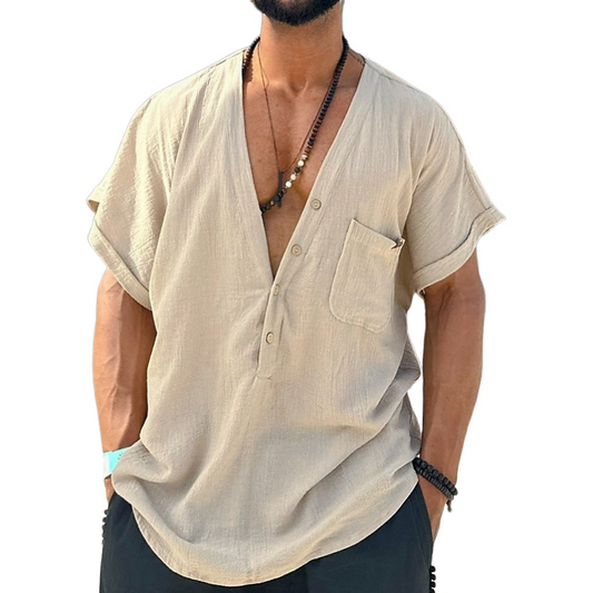 Men's Spring Fashion Casual Loose Deep V Neck Linen Short Sleeve Shirt MTA0177D6K