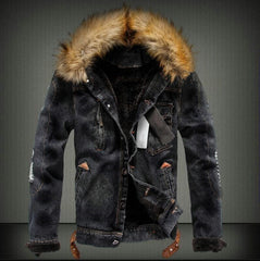 Winter Warm Denim Jacket with Faux Fur Collar - Stylish and Cozy Outerwear for Men