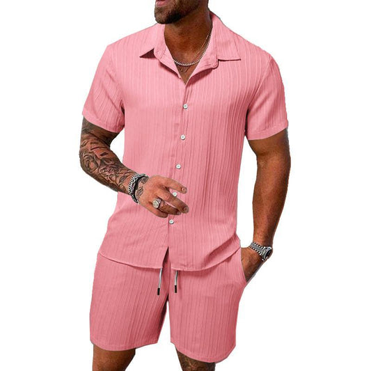 Men's Solid Color Striped Lapel Short Sleeve Shorts Casual Set 63428764X